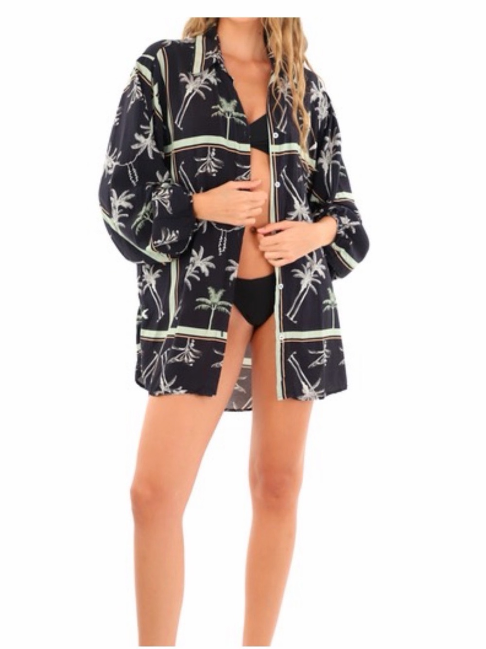 Black Palm-Print Swim Coverup Shirt